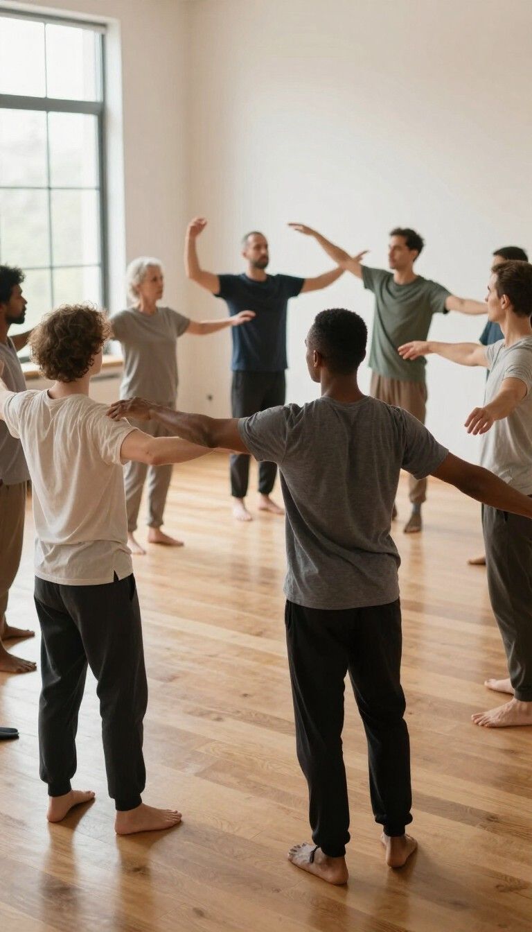 Personas de pie en círculo con los brazos en alto en un estudio luminoso, practicando un ejercicio de movimiento grupal.