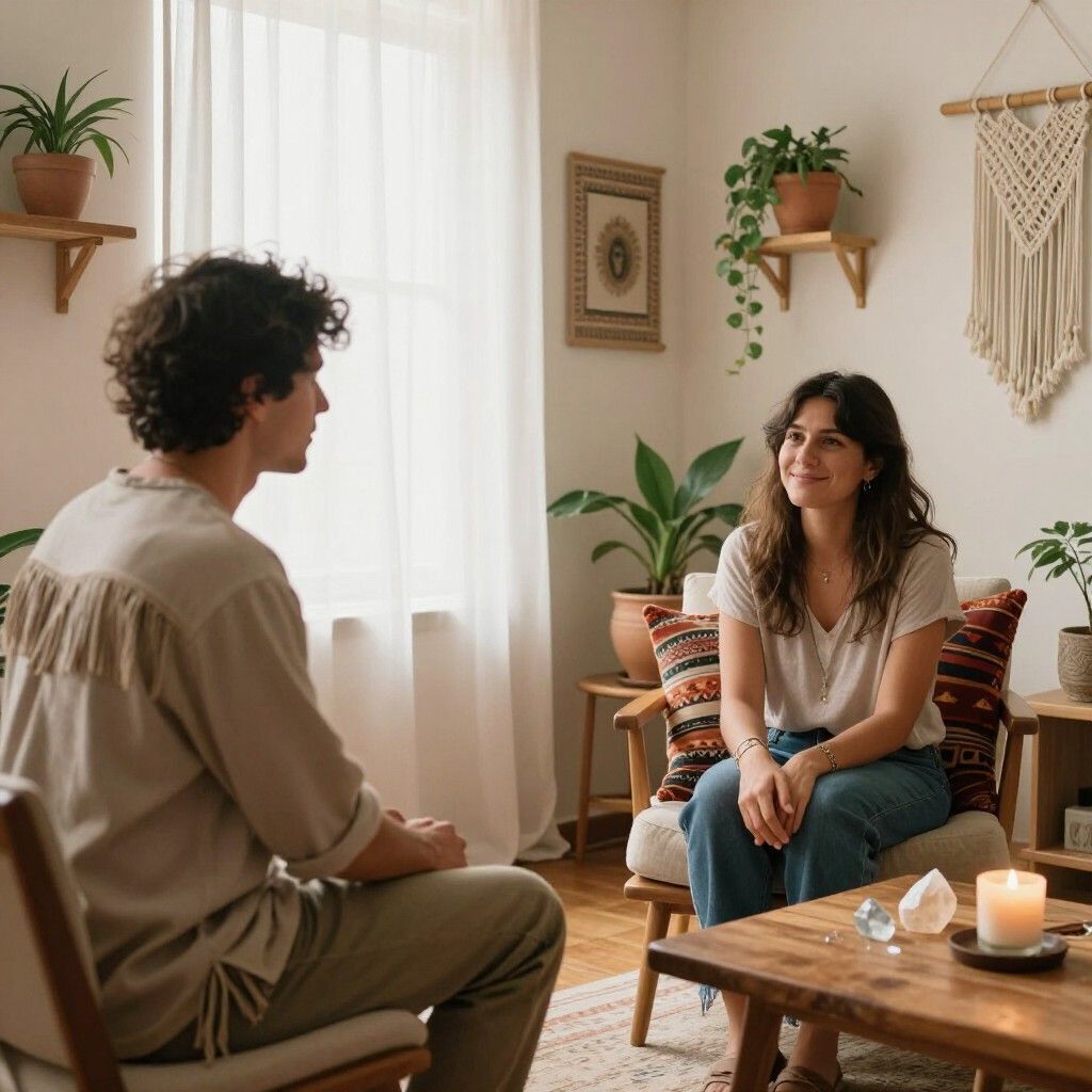 Dos personas conversando en una acogedora sala de estar con plantas, velas y luz solar tenue.