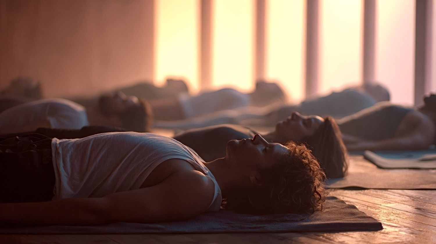 Personas tumbadas sobre esterillas de yoga en un estudio con iluminación cálida durante una clase de relajación o yoga.