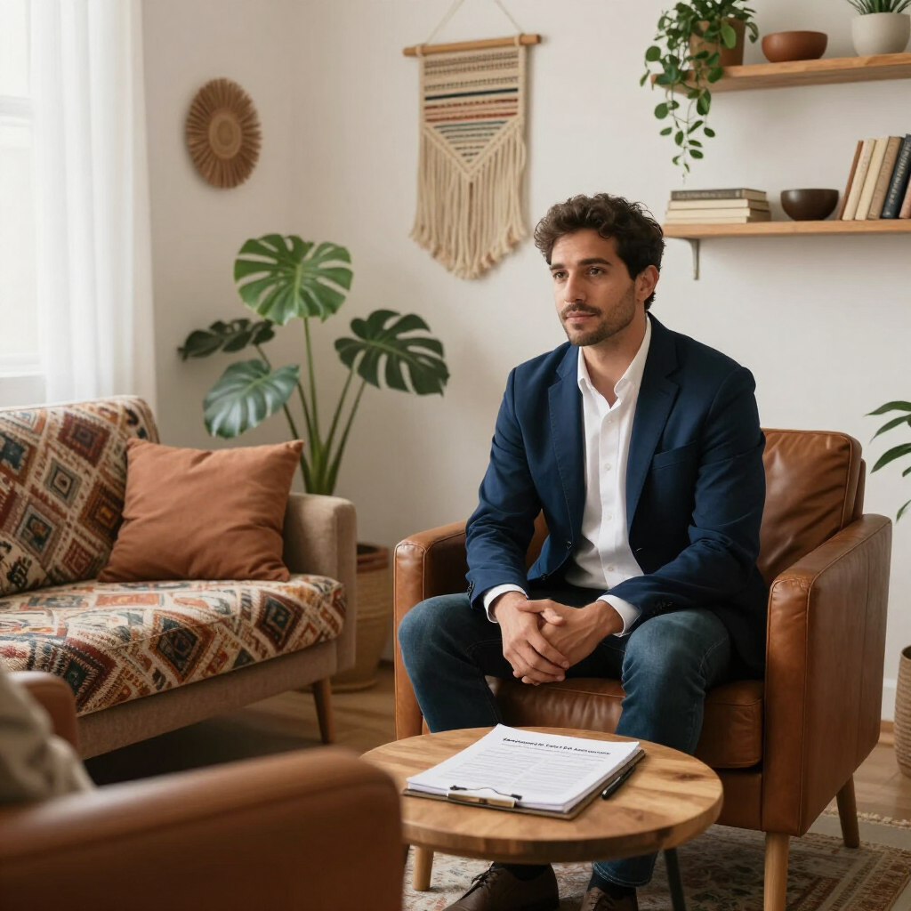 Un hombre con traje azul marino está sentado en una acogedora sala de estar junto a una mesa de centro y un sofá con plantas y decoración en la pared.
