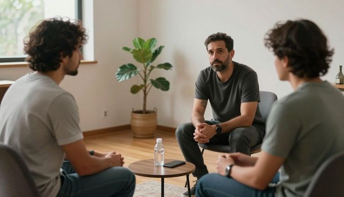 Tres personas sentadas en círculo conversan en una habitación luminosa con una planta en maceta y una botella de agua cerca.
