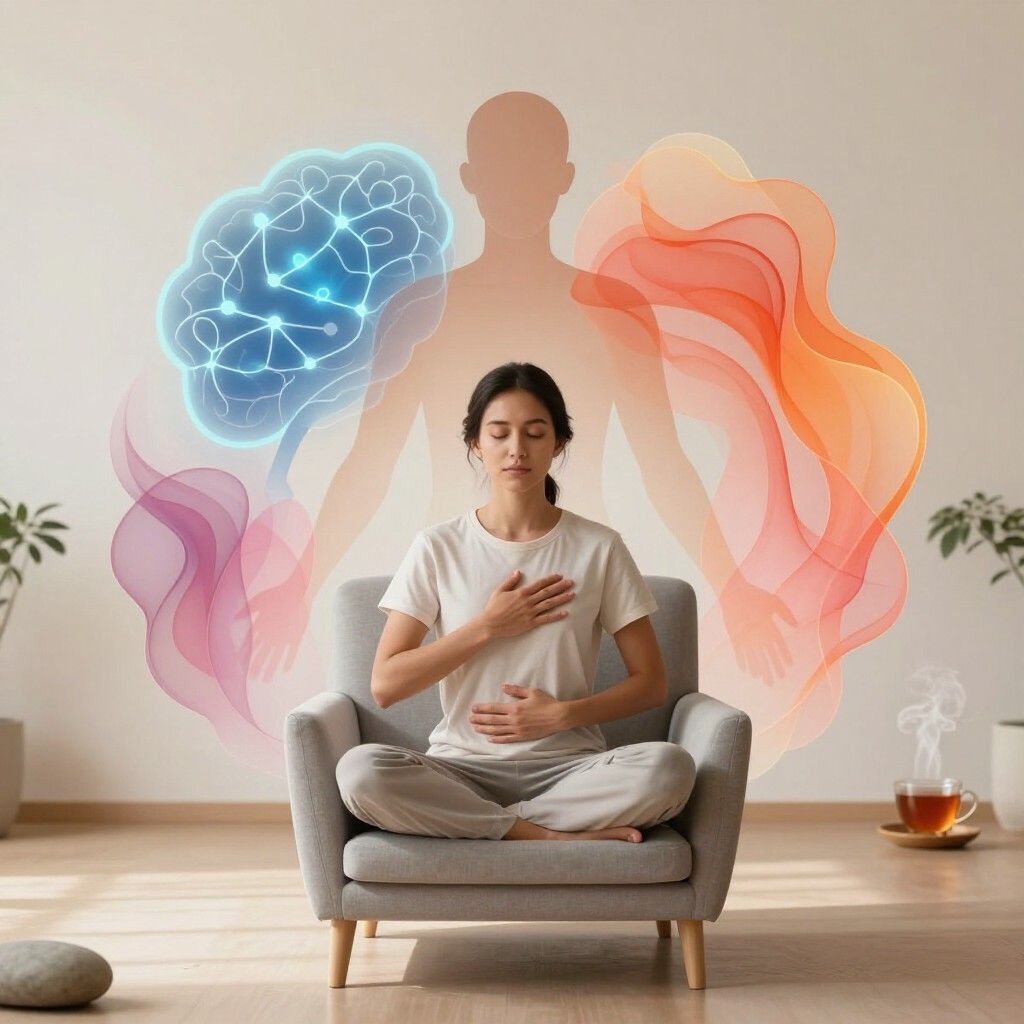 Una persona medita en una silla gris, con gráficos coloridos de cerebros y energía que brillan detrás de ella.
