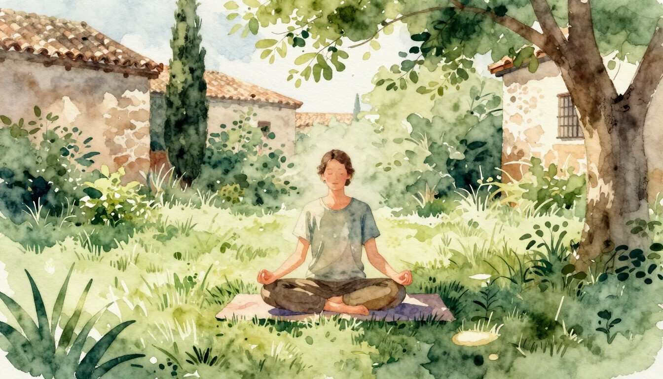 Persona meditando con las piernas cruzadas en un jardín soleado junto a casas de piedra y árboles.