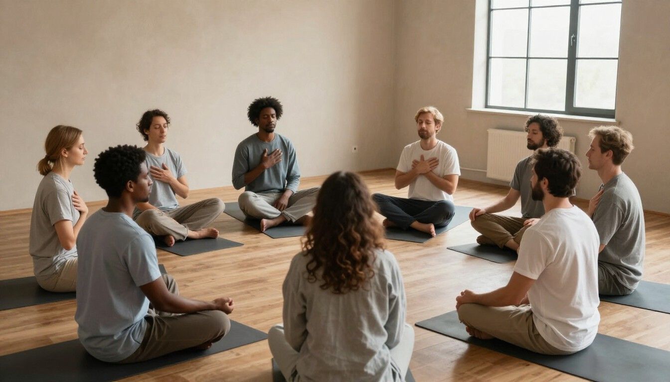 Personas sentadas en círculo durante una meditación o una discusión grupal en una habitación luminosa.