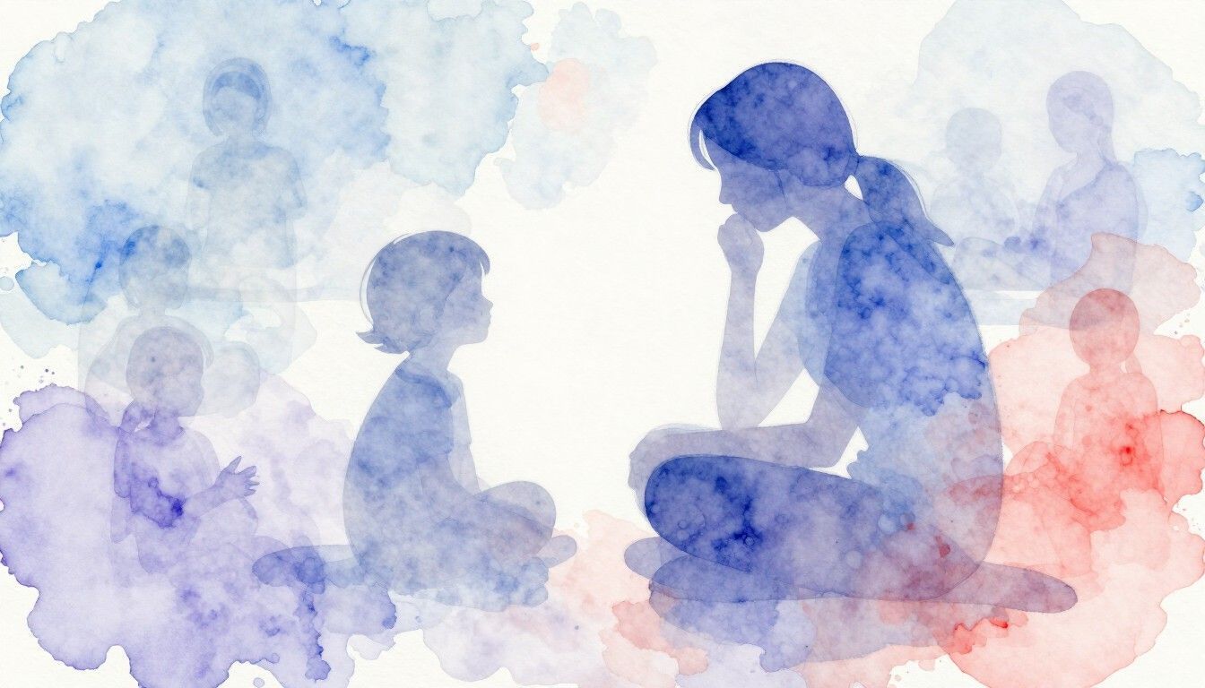 Siluetas en acuarela de personas sentadas y conversando en suaves tonos azules y rosas.