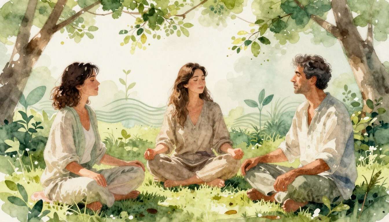 Tres personas están sentadas con las piernas cruzadas en un jardín exuberante, meditando bajo la sombra de los árboles.