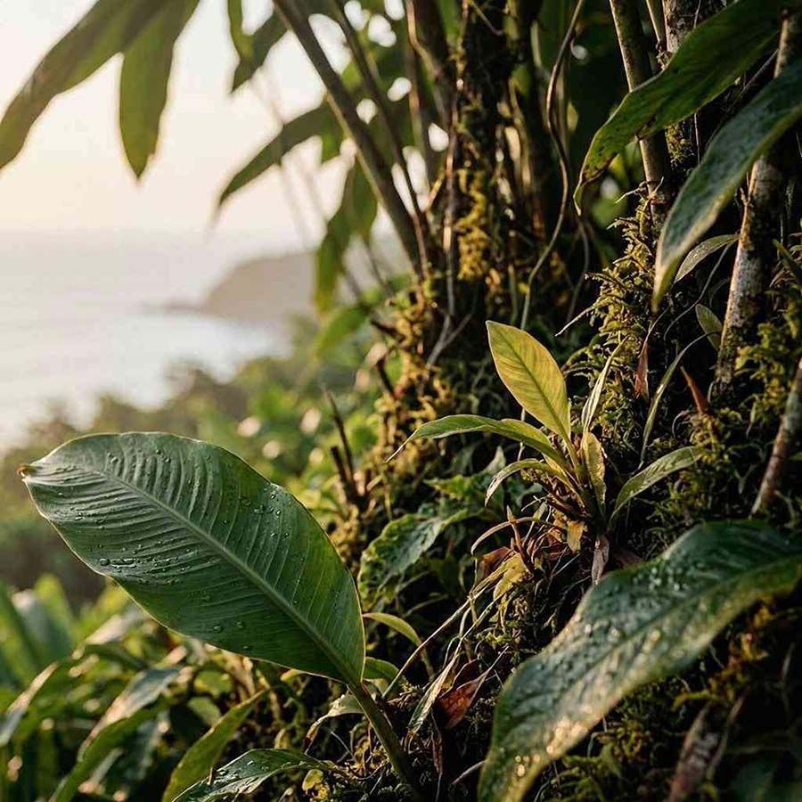 Primer plano de exuberantes hojas tropicales verdes, con el mar y la costa desenfocados al fondo