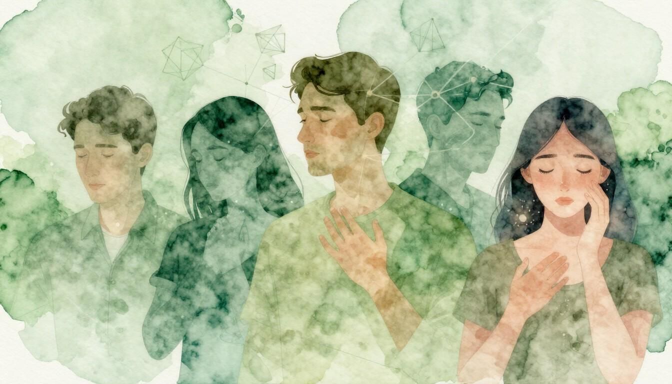 Retrato grupal de cuatro personas en estilo acuarela, en suaves tonos verdes, con una mujer en primer plano a la derecha que junta las manos.