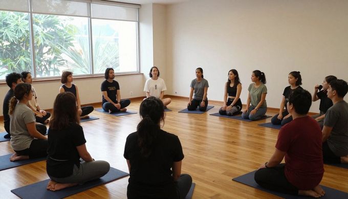 Un grupo de personas sentadas en círculo sobre esterillas de yoga en un estudio luminoso escuchan durante una clase de meditación.