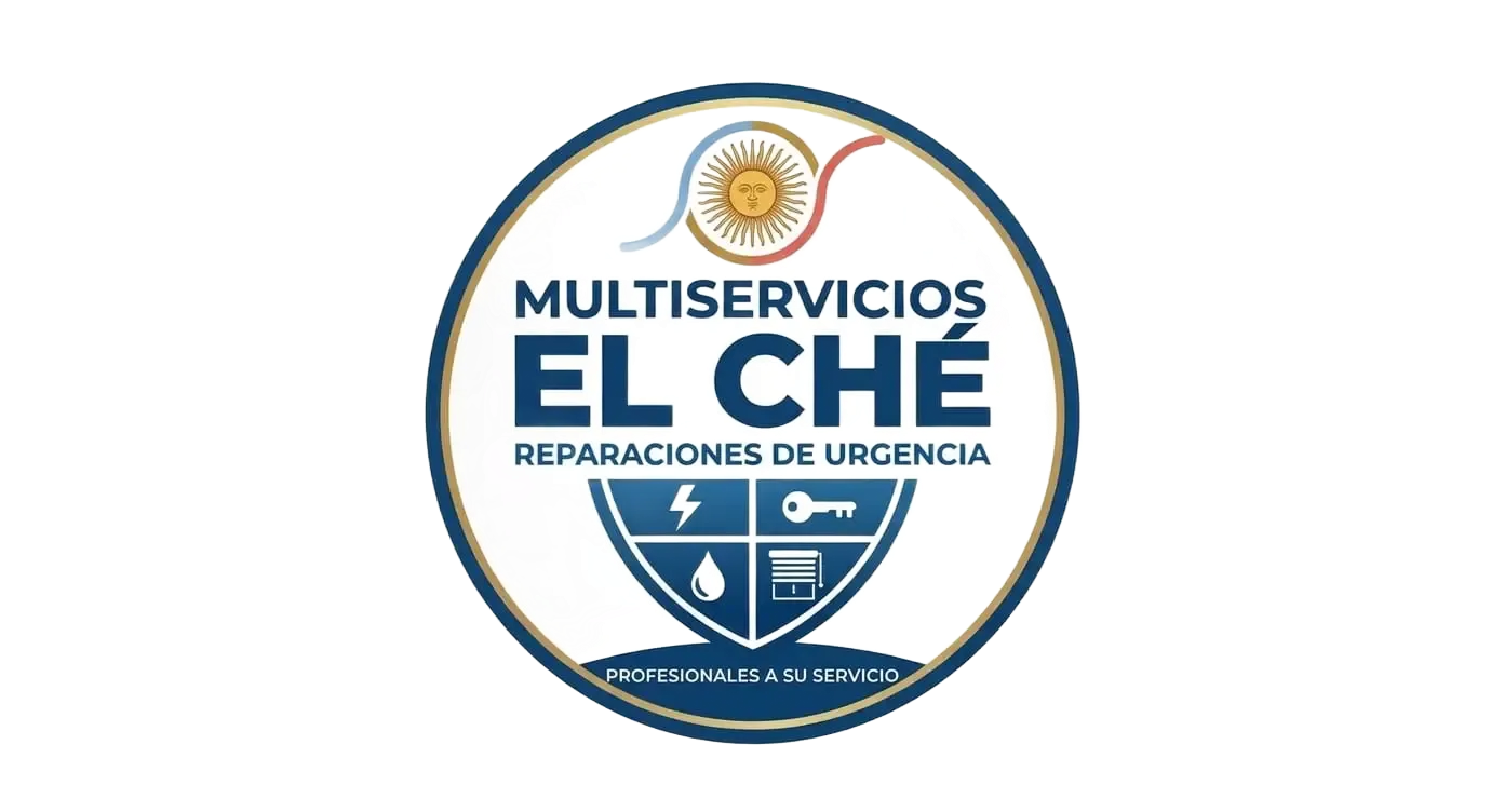 Logotipo circular azul y dorado de Multiservicios El Che, reparaciones de emergencia.