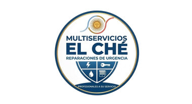 Logotipo circular azul y dorado de Multiservicios El Che, reparaciones de emergencia.