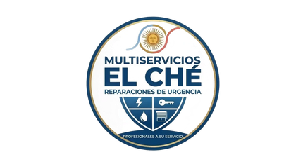 Logotipo circular azul y dorado de Multiservicios El Che, reparaciones de emergencia.