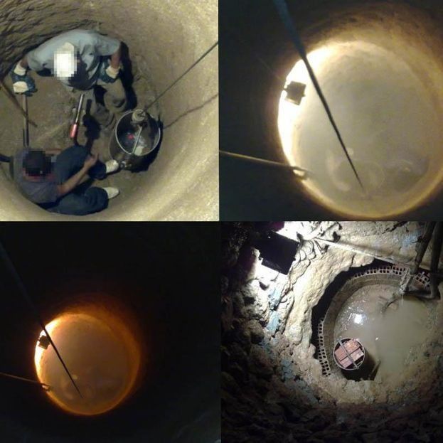 Un collage de cuatro fotografías de un hombre trabajando en un pozo.