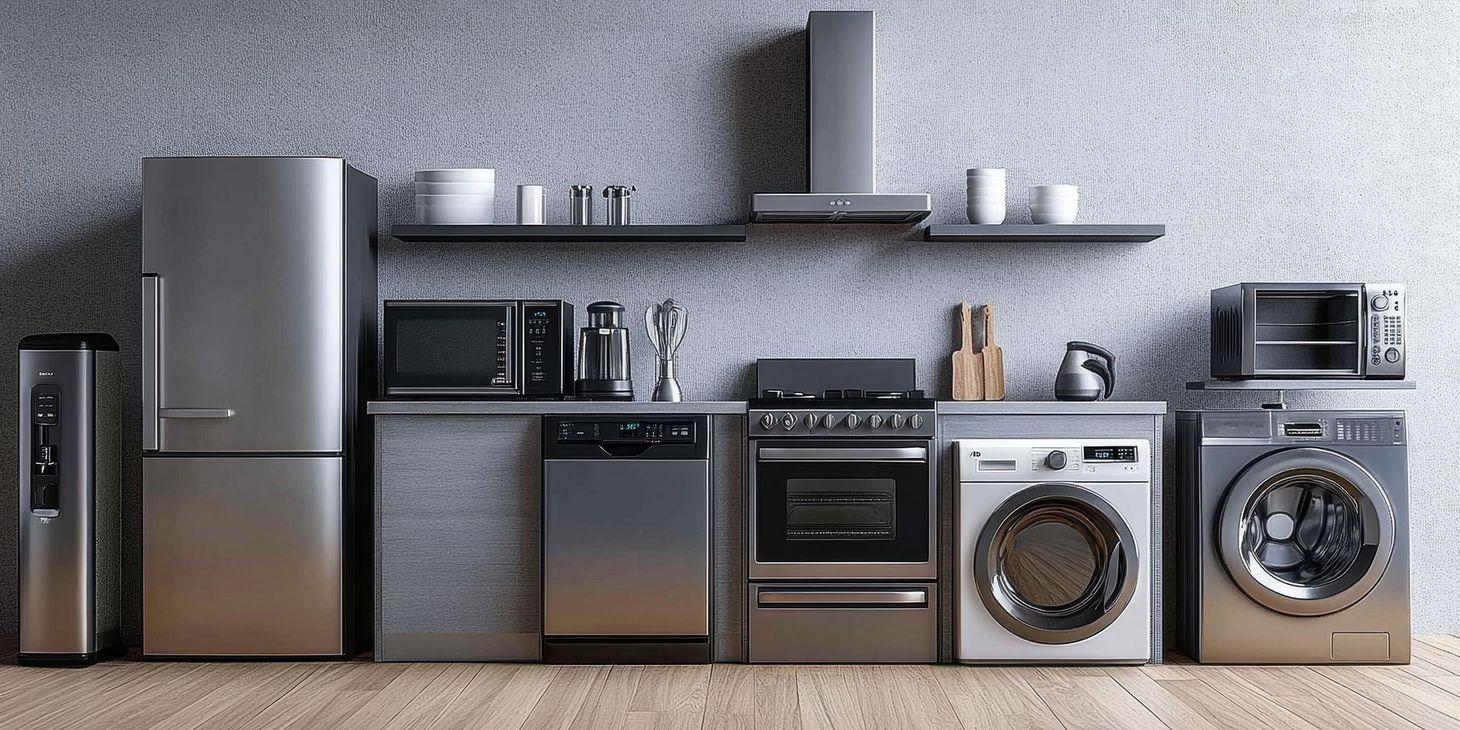 Appareils électroménagers sur un mur gris