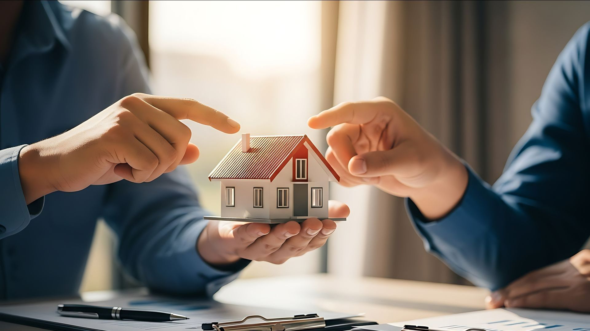 Mains d'homme tenant une maison miniature entre ses mains