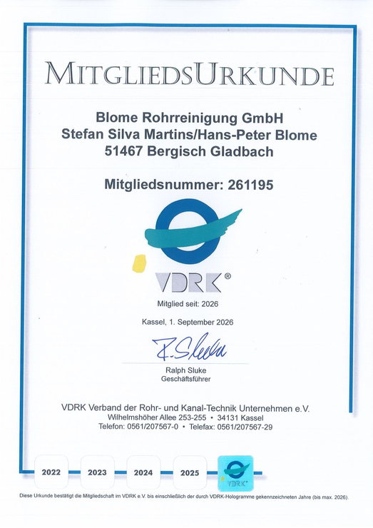 Mitgliedsurkunde mit blauem Rand und VDRK-Logo für Bloms Reitzhof GmbH in Bergisch Gladbach