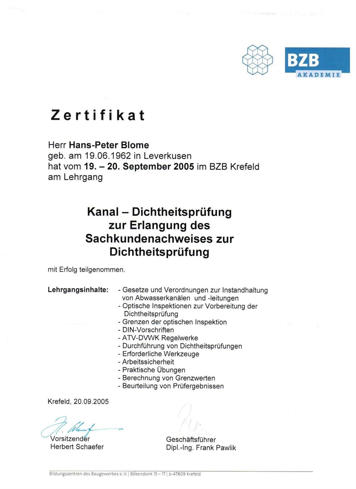 Eine schwarz-weiße Urkunde mit blauem bzb-Logo darauf.