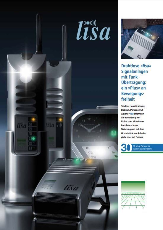 Eine Broschüre für Lisa zeigt eine Uhr und zwei Walkie-Talkies