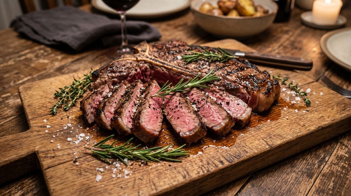 Steak saignant tranché, servi sur une planche en bois avec des herbes et du gros sel, sur une table rustique.