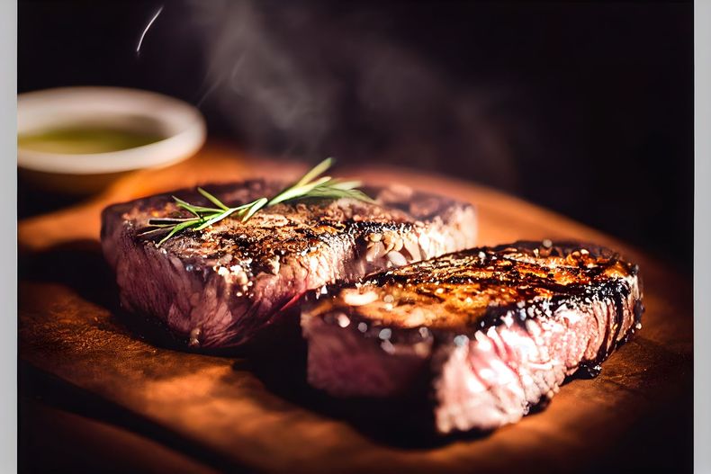 Deux médaillons de steak poêlés sur une planche en bois, garnis d'herbes et servis avec une sauce