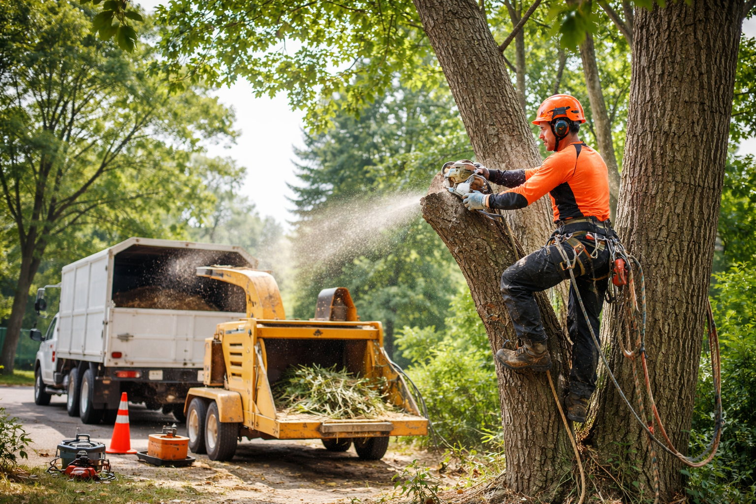 Un arboriste en tenue de sécurité utilise une tronçonneuse pour couper une branche d'arbre. 