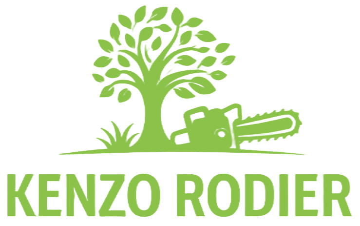 Arbre vert avec tronçonneuse, logo de la société Kenzo Rodier.
