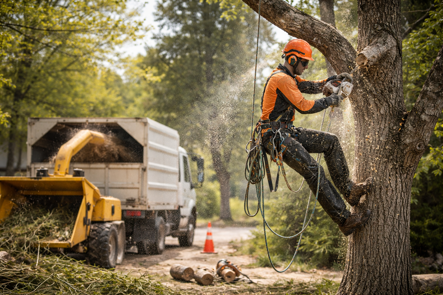 Un arboriste, équipé de protections.