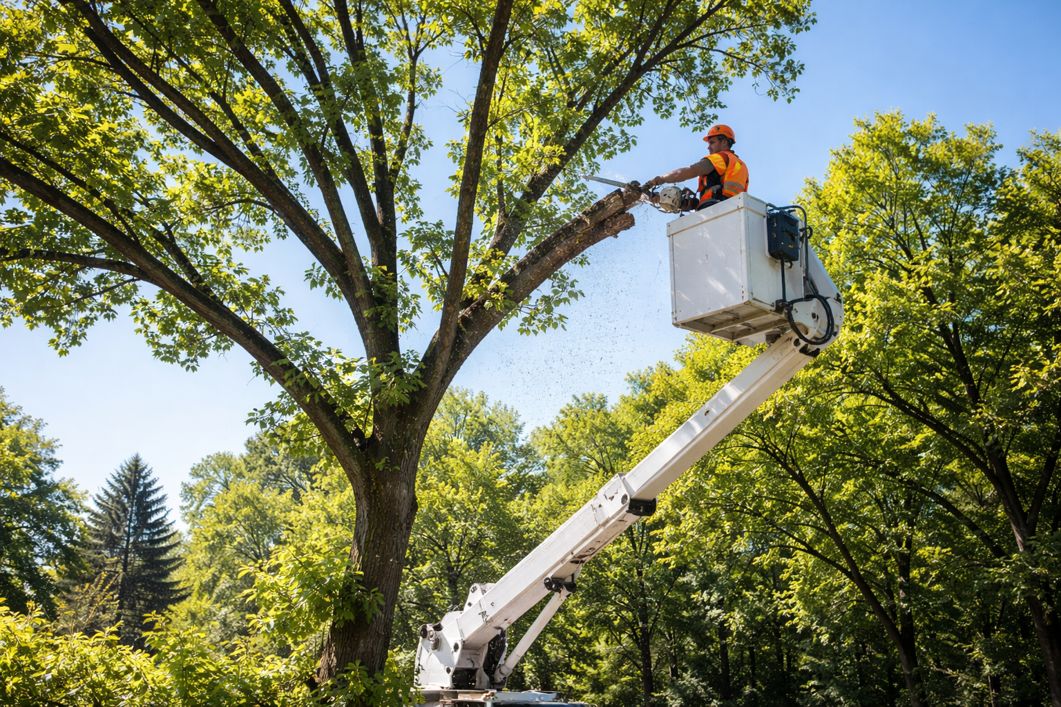 Un arboriste, perché sur une nacelle élévatrice, taille un arbre à la tronçonneuse par une journée ensoleillée.