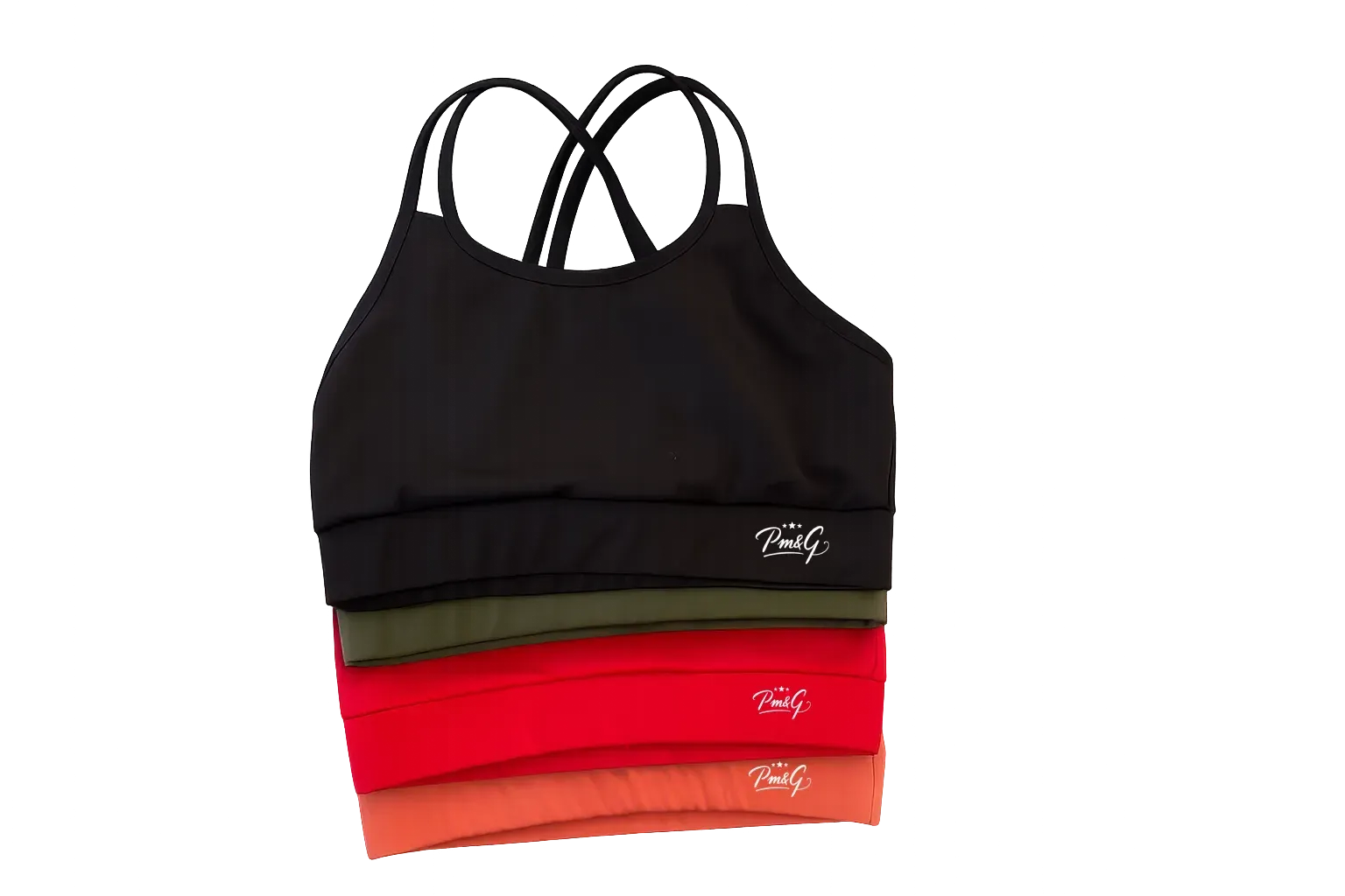 Pila de sujetadores deportivos atléticos en negro, verde, rojo y naranja, con tirantes cruzados.