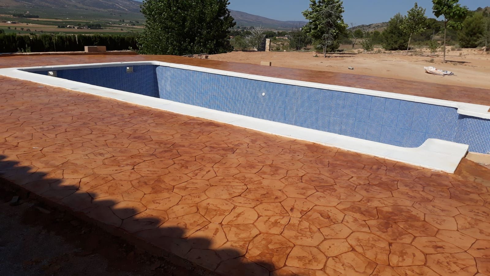 Piscina exterior vacía con interior de azulejos azules y suelo rojizo agrietado, junto a un paisaje árido y árboles.