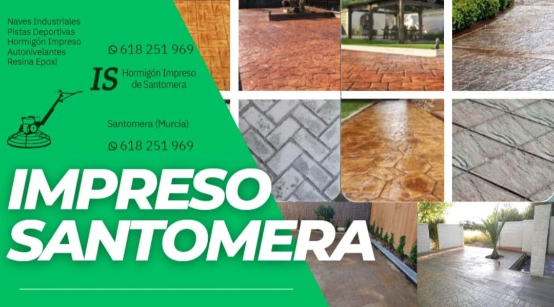 Banner promocional de Impreso Santomera con logotipo verde y fotos de superficies de hormigón estampado.