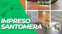 Banner promocional de Impreso Santomera con logotipo verde y fotos de superficies de hormigón estampado.
