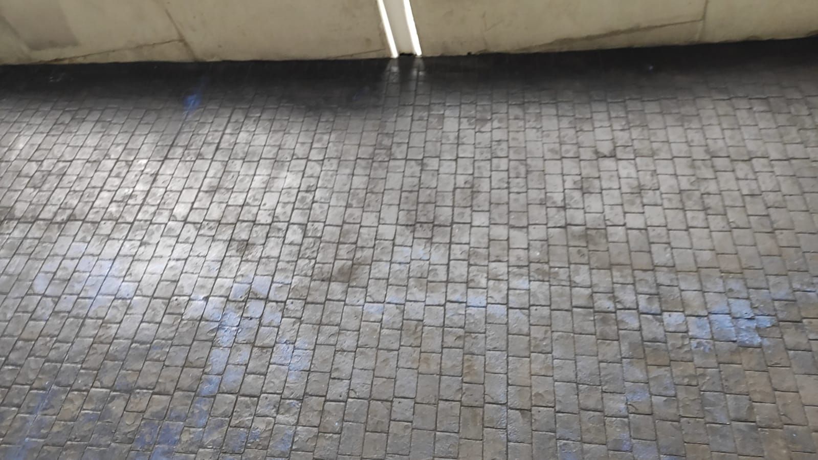 Pavimento empedrado con un muro bajo de piedra y una pequeña mancha azul a la derecha.