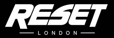 Logotipo de RESET LONDON en texto blanco en negrita sobre fondo negro.