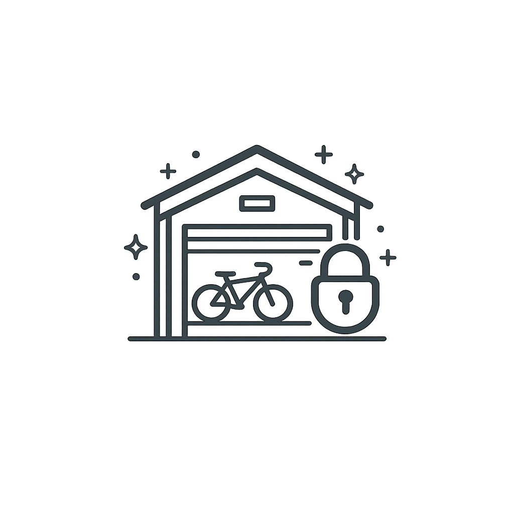 Dessin au trait d'un vélo rangé dans un garage sécurisé, orné d'un symbole de cadenas et agrémenté de paillettes.