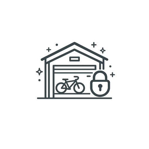 Dessin au trait d'un vélo rangé dans un garage sécurisé, orné d'un symbole de cadenas et agrémenté de paillettes.