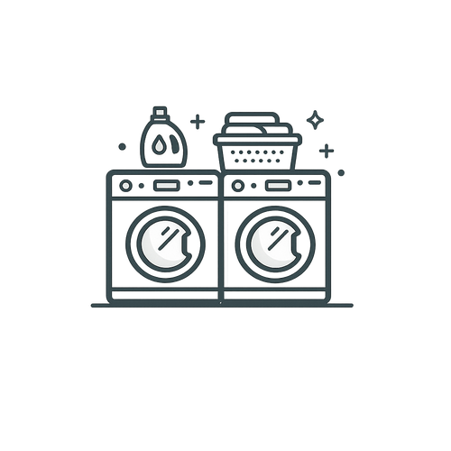Dessin au trait représentant deux machines à laver avec une bouteille de lessive et un panier de linge posés dessus.