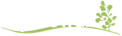 Grünes stilisiertes Logo mit geschwungener Linie, Text und Blattzweig.