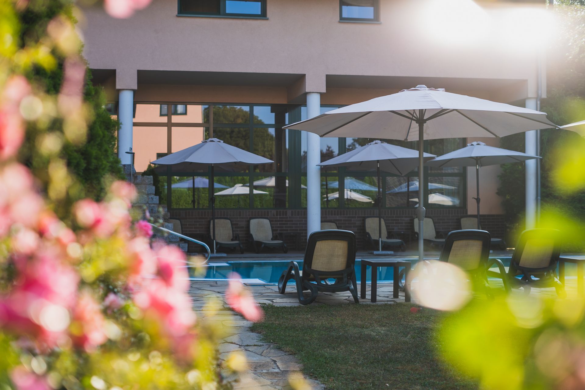 Außenpool des Hotels mit Sonnenterrasse und Liegen im Grünen