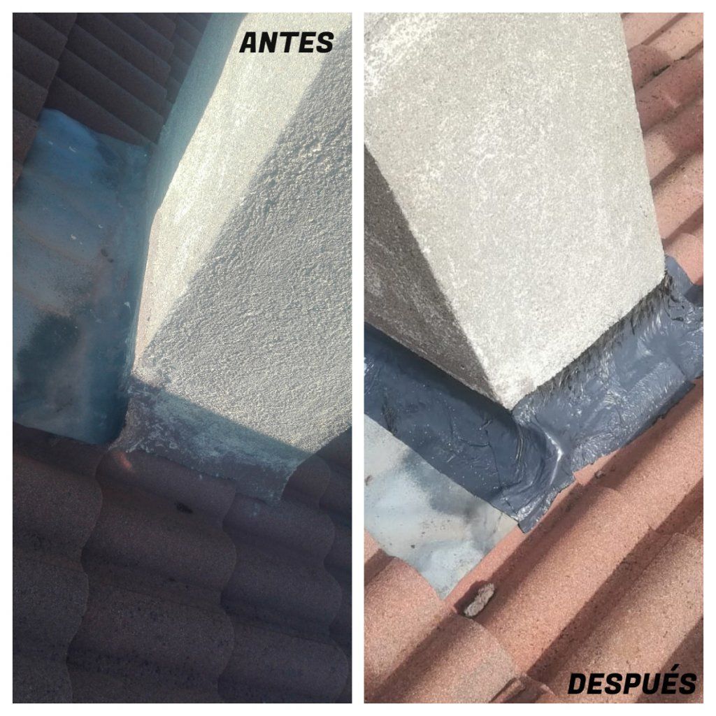Una foto de antes y después de una chimenea en un tejado.