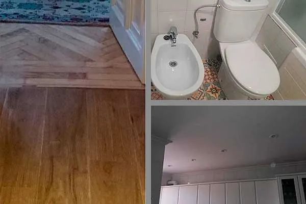 Un collage de tres fotografías de un baño con bidé e inodoro.