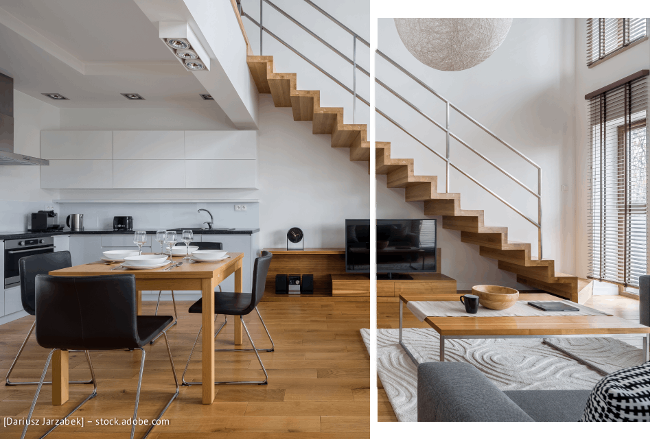 Modernes Loft-Interieur mit Holztreppe, Küche, Essbereich und Wohnbereich.