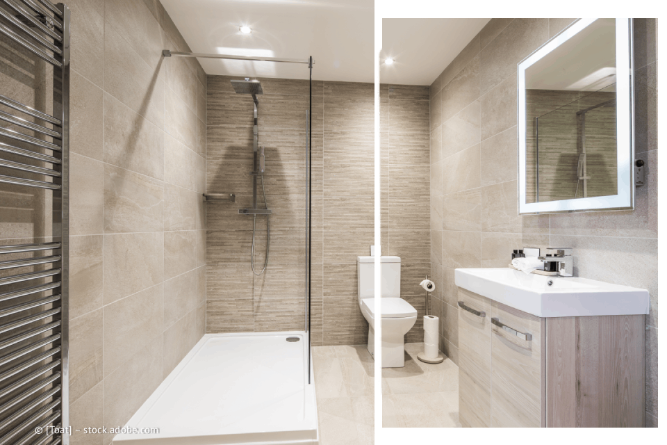 Modernes Badezimmer mit Dusche, Toilette, Waschtisch, Fliesen in neutralen Farben und Handtuchhalter.