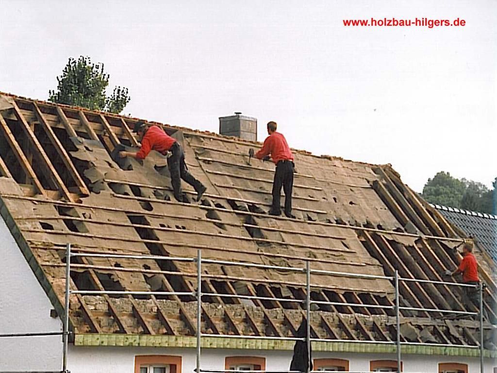 Zwei Männer arbeiten auf einem Dach, in der Ecke steht die Website www.holzbau-nilgem.de