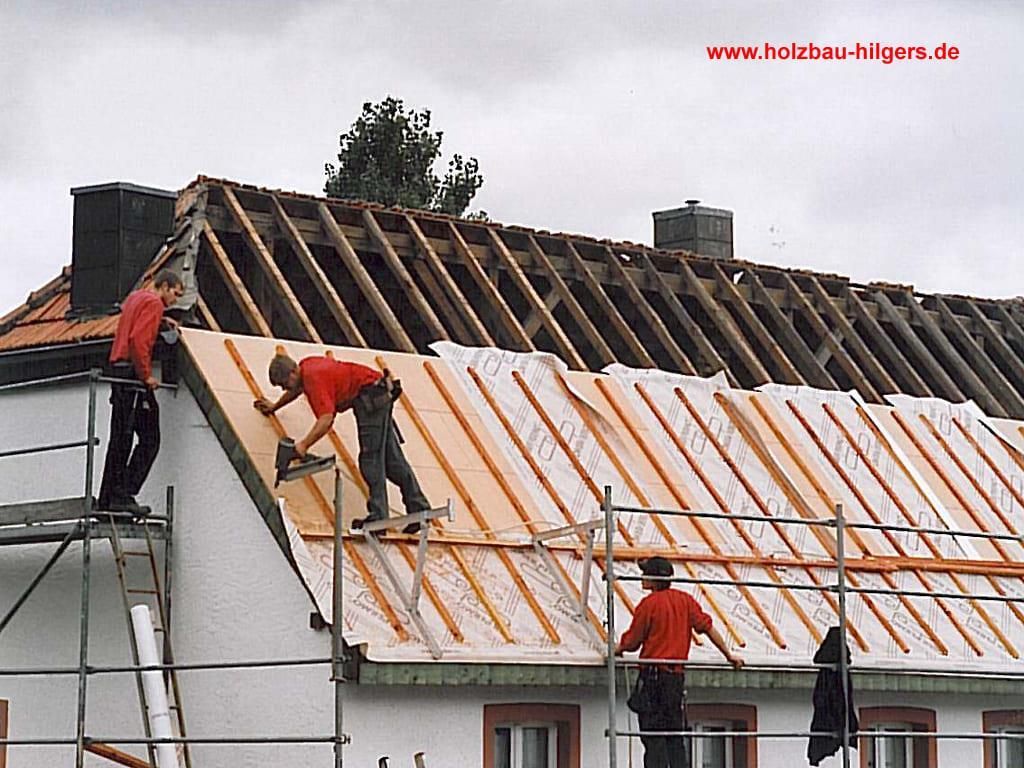 Zwei Männer arbeiten auf dem Dach eines Hauses, in dessen Ecke die Website www.holzbau-felgers.de zu sehen ist.