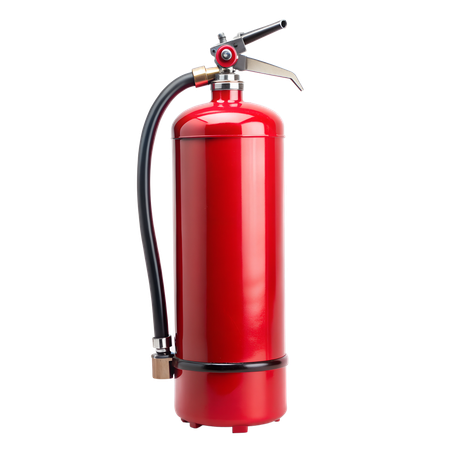 Extincteur rouge avec tuyau noir.