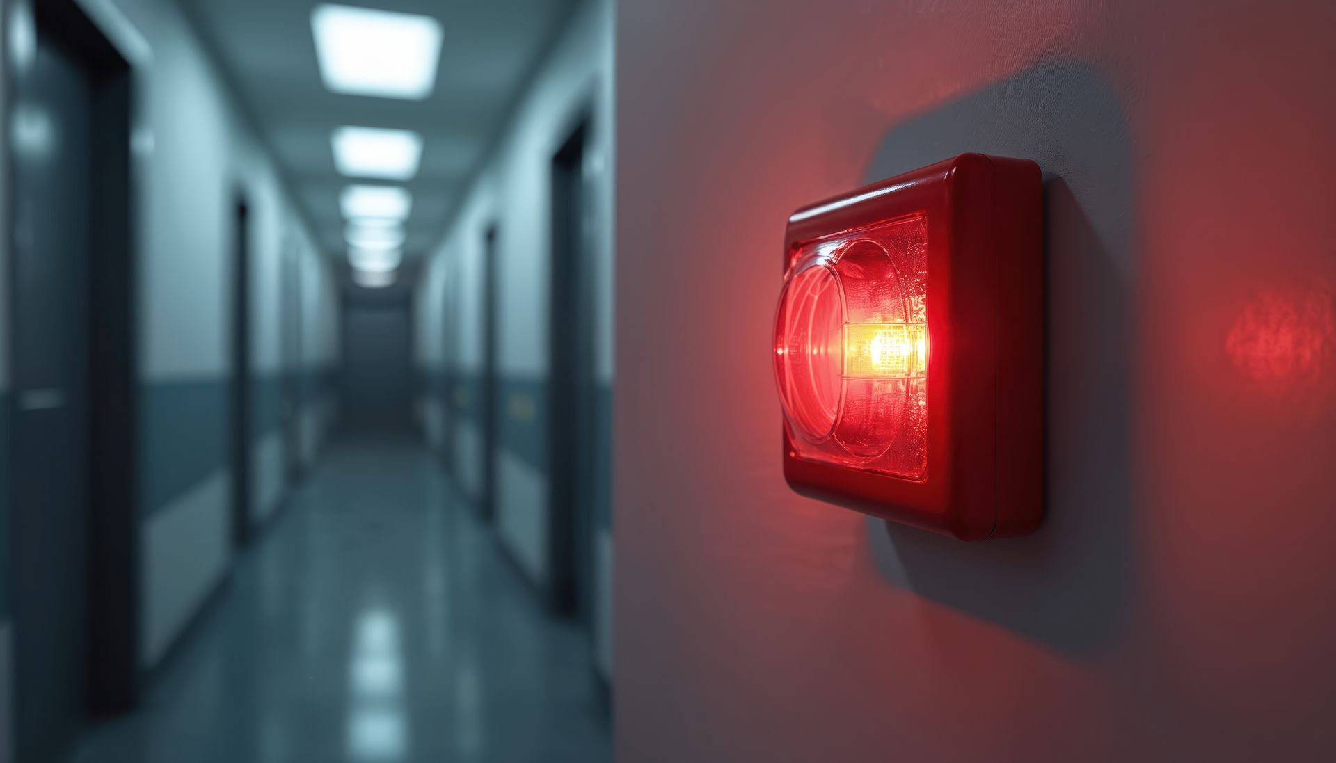 Un voyant d'alarme rouge brille sur un mur dans un couloir faiblement éclairé.