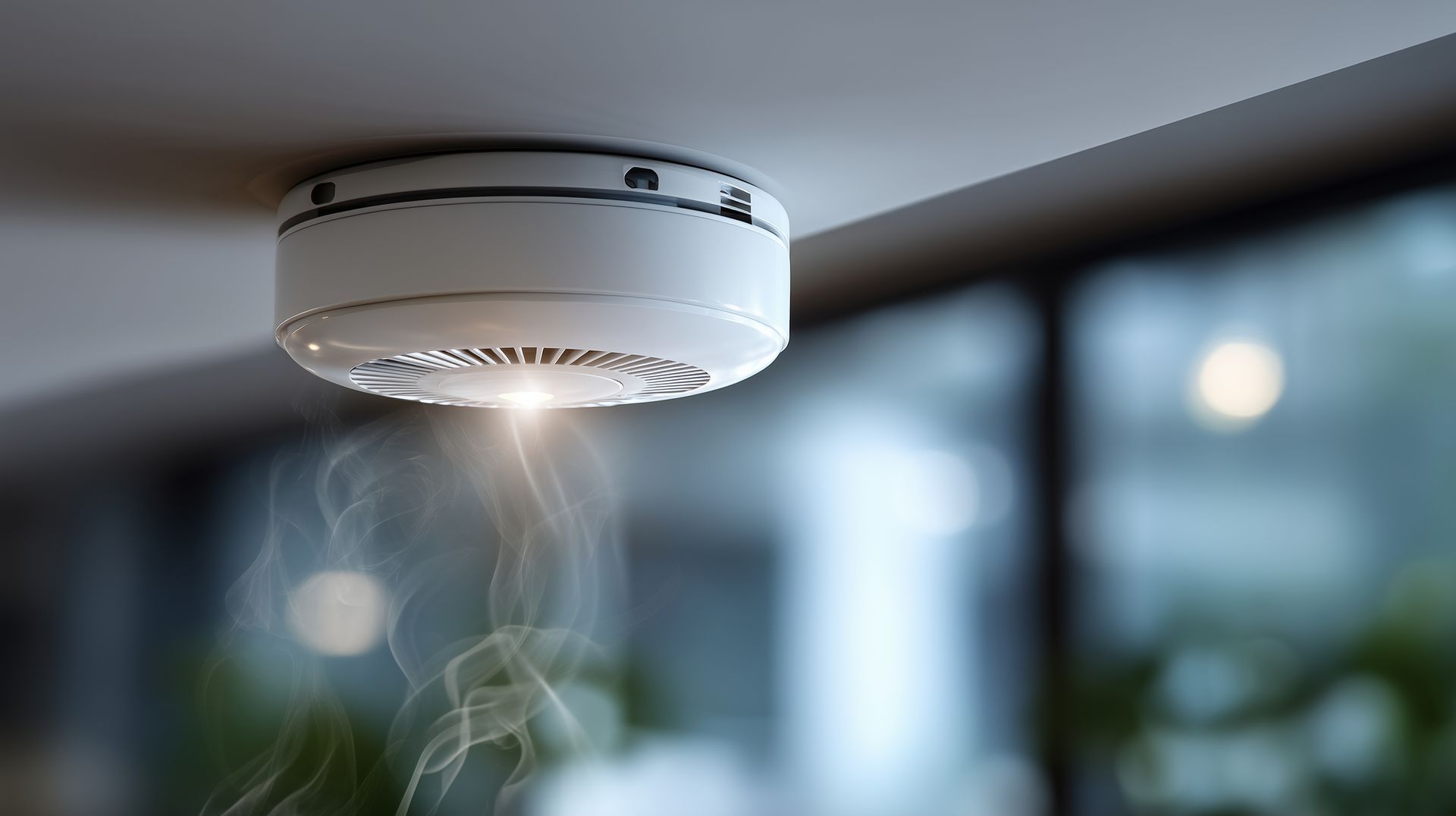 Détecteur de fumée blanc fixé au plafond, émettant de la fumée dans un environnement intérieur flou.