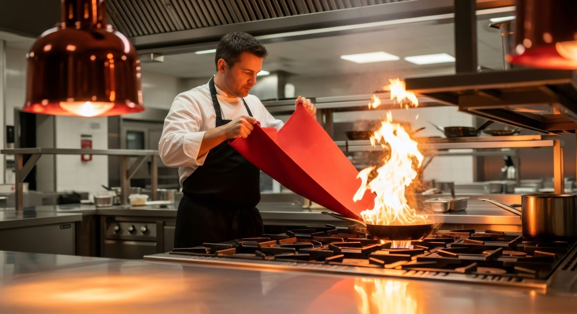 Un chef, dans une cuisine professionnelle et une poêle en feu.