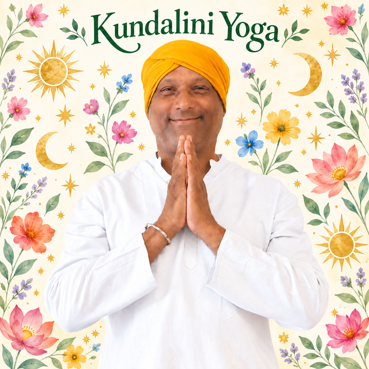 Homme vêtu d’un kurta blanc et d’un turban jaune, les mains jointes en prière.